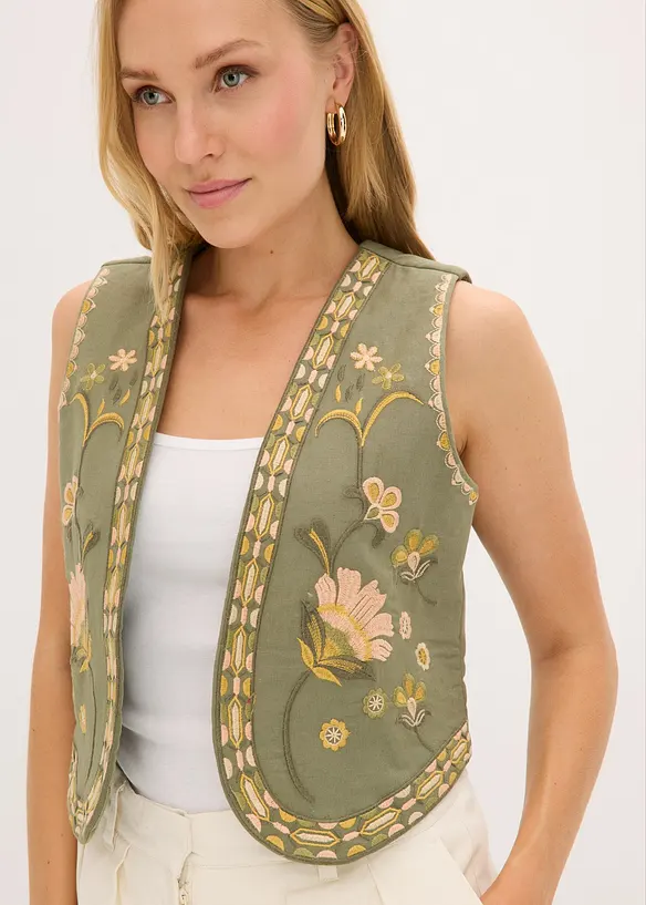 Gilet ricamato in misto lino vaporoso, bonprix