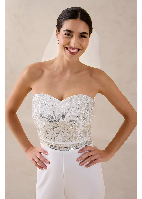 Tuta elegante in cr&ecirc;pe operato con ricamo con perline, bonprix