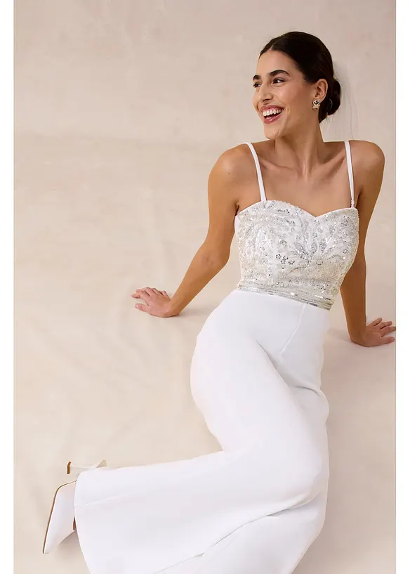 Tuta elegante in cr&ecirc;pe operato con ricamo con perline, bonprix