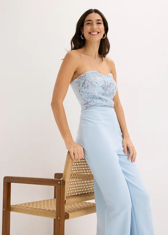 Tuta elegante in cr&ecirc;pe operato con ricamo con perline, bonprix