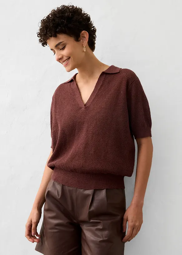 Polo in maglia traforata di misto lino, bonprix