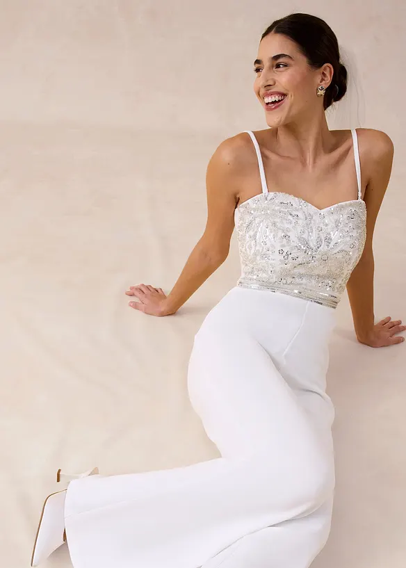 Tuta elegante in cr&ecirc;pe operato con ricamo con perline, bonprix