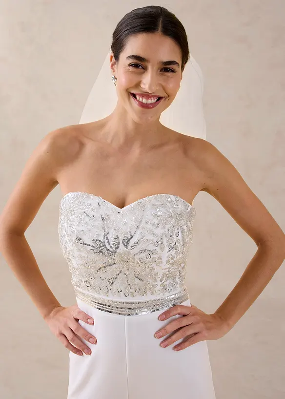 Tuta elegante in cr&ecirc;pe operato con ricamo con perline, bonprix