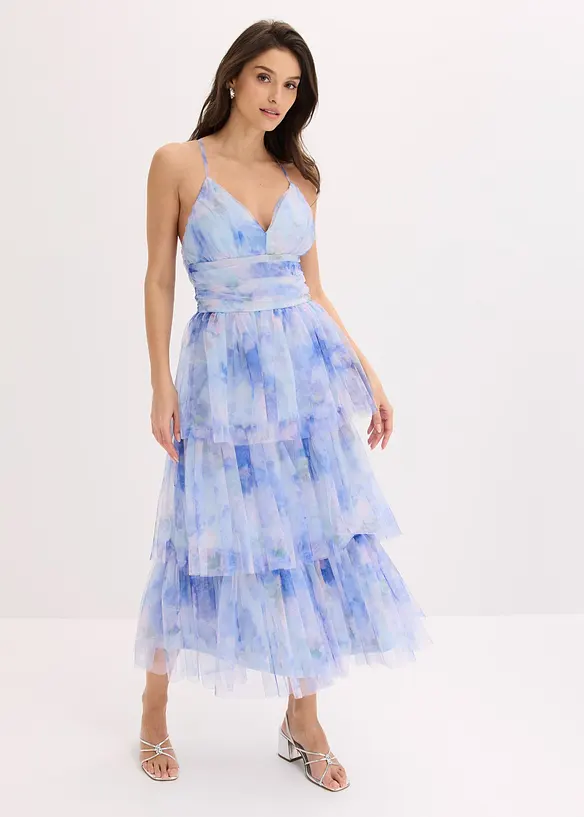 Abito midi in tulle fine con volant, bonprix