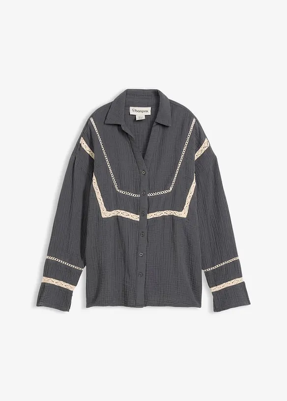 Blusa in mussola con inserti di pizzo, bonprix