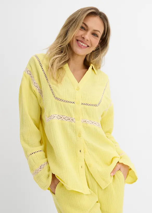 Blusa in mussola con inserti di pizzo, bonprix