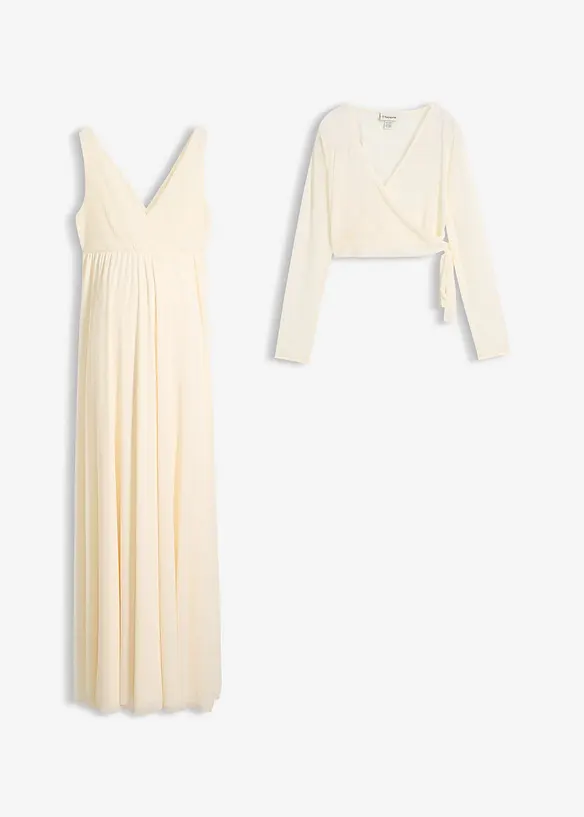 Abito da sposa in giallo burro con funzione allattamento e cardigan incrociato sul davanti, per la gravidanza e dopo (set 2 pezzi), bonprix