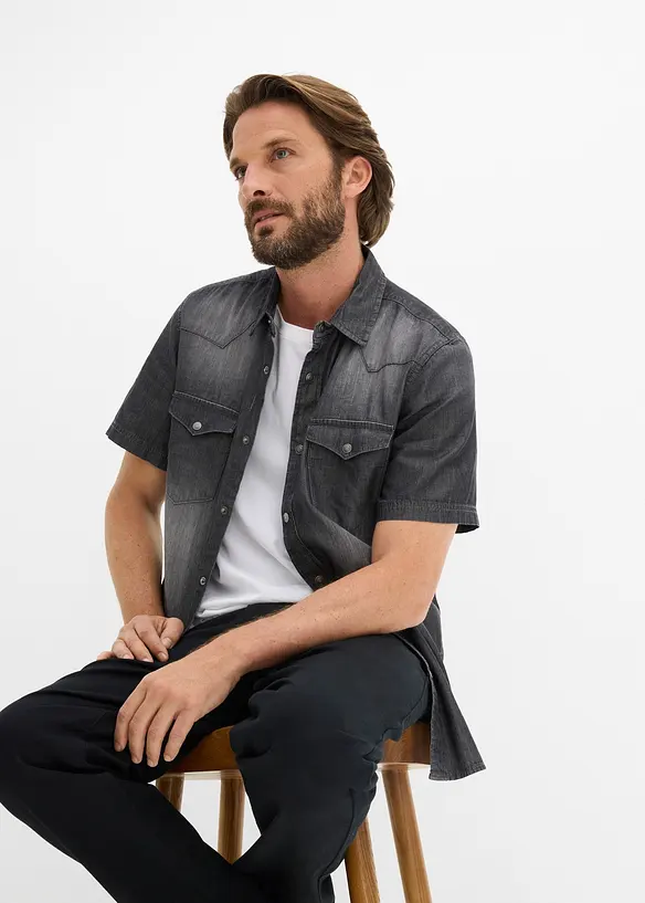 Camicia a maniche corte in jeans di puro cotone biologico, slim fit, bonprix
