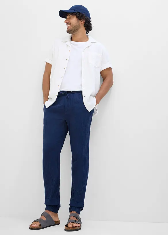 Pantaloni in mussola di puro cotone con elastico in vita regular fit, tapered, bonprix