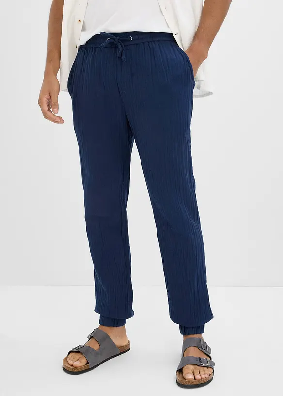 Pantaloni in mussola di puro cotone con elastico in vita regular fit, tapered, bonprix