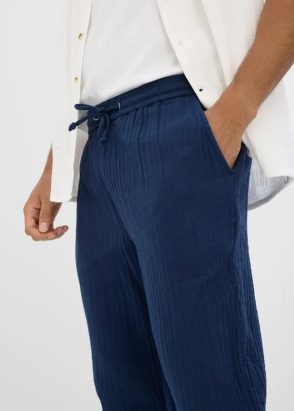 Pantaloni in mussola di puro cotone con elastico in vita regular fit, tapered, bonprix