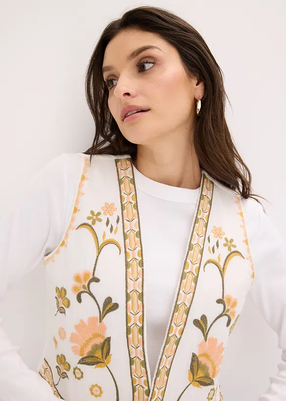 Gilet ricamato in misto lino vaporoso, bonprix