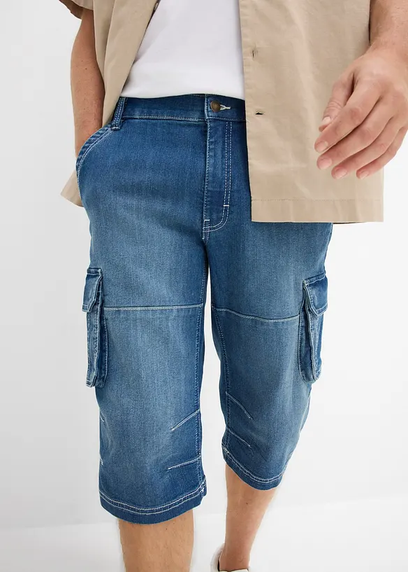 Bermuda cargo lunghi in jeans leggero con vita elastica, regular fit, bonprix