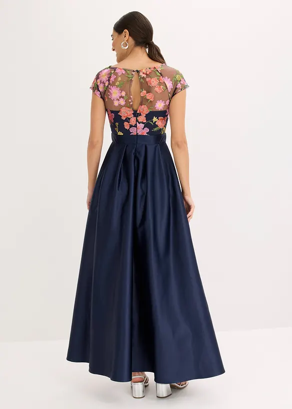 Abito lungo in satin lucido con pizzo, bonprix