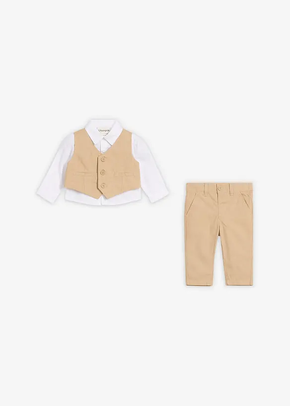 Completo con camicia, gilet, pantaloni in puro cotone (set 3 pezzi), bonprix