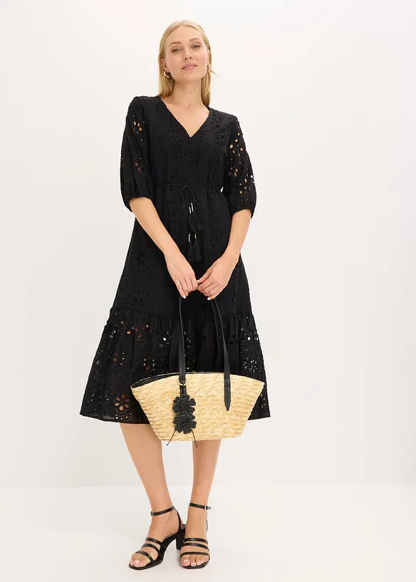 Abito midi in puro cotone con ricami traforati, bonprix