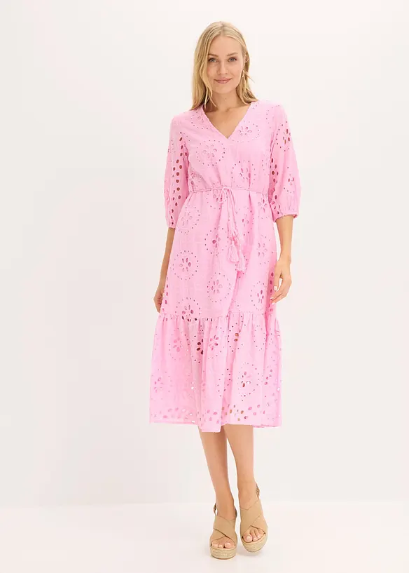 Abito midi in puro cotone con ricami traforati, bonprix
