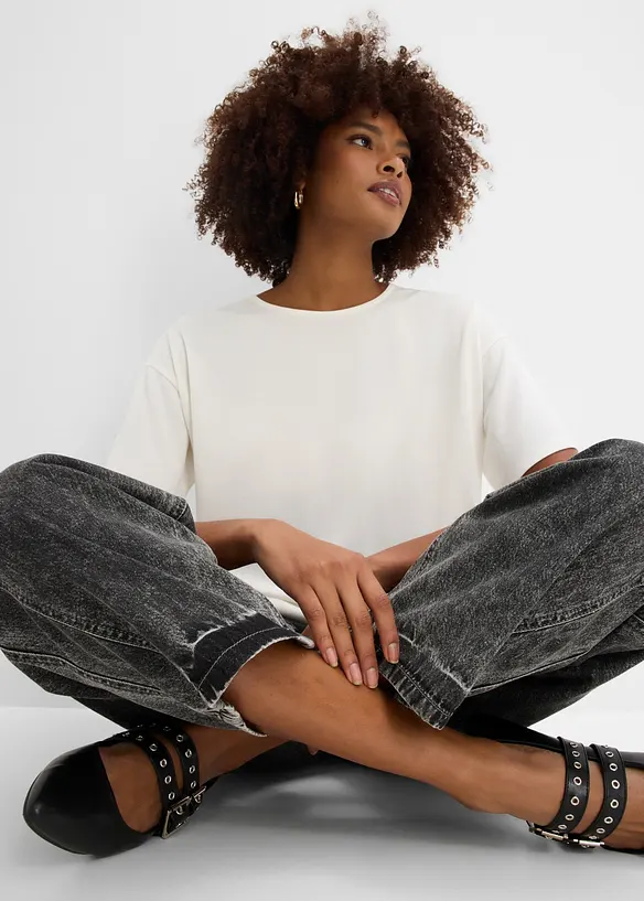 Jeans cropped a palloncino super morbidi, vita media, bonprix