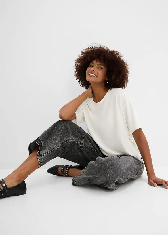 Jeans cropped a palloncino super morbidi, vita media, bonprix