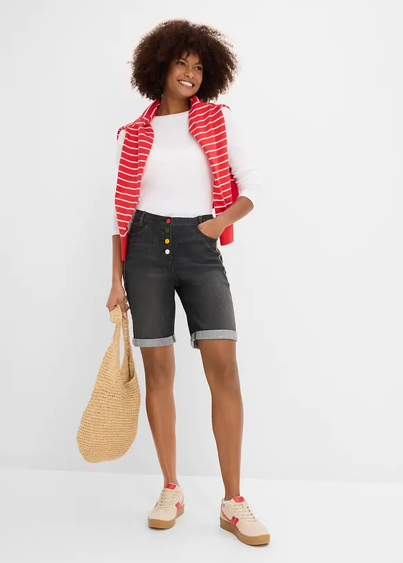 Bermuda in jeans con ricami e cinta comoda, vita media, bonprix