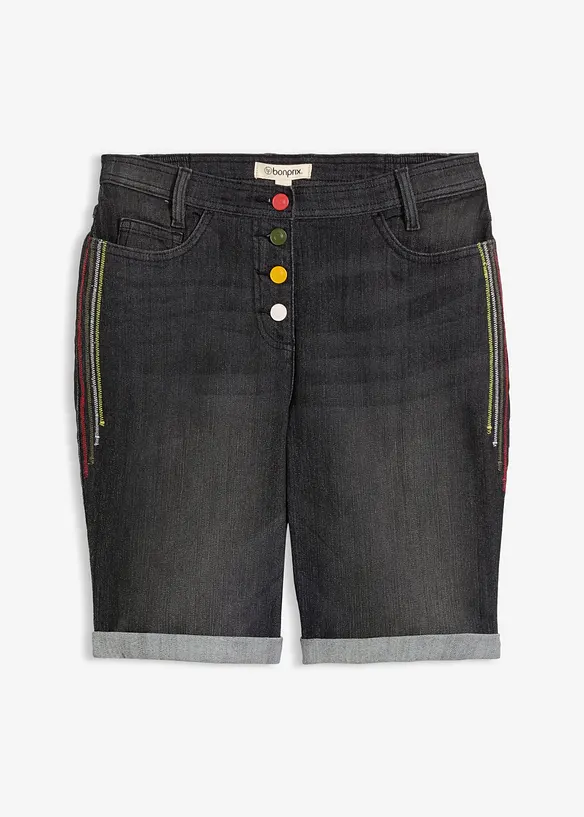 Bermuda in jeans con ricami e cinta comoda, vita media, bonprix