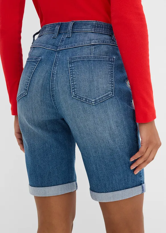 Bermuda in jeans con ricami e cinta comoda, vita media, bonprix