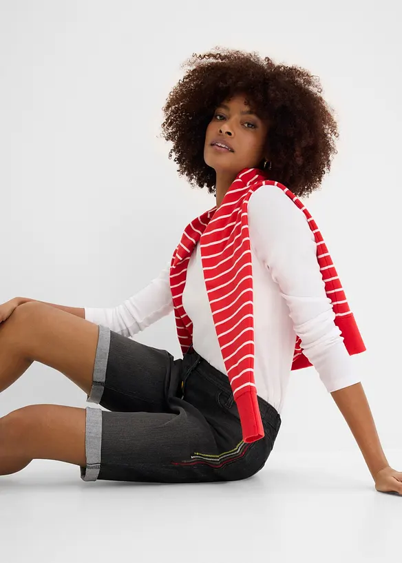 Bermuda in jeans con ricami e cinta comoda, vita media, bonprix