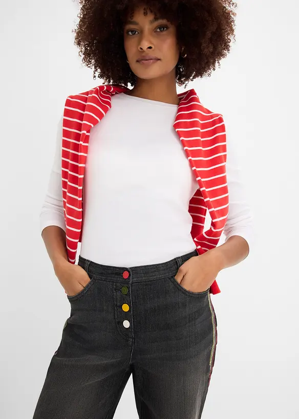 Bermuda in jeans con ricami e cinta comoda, vita media, bonprix