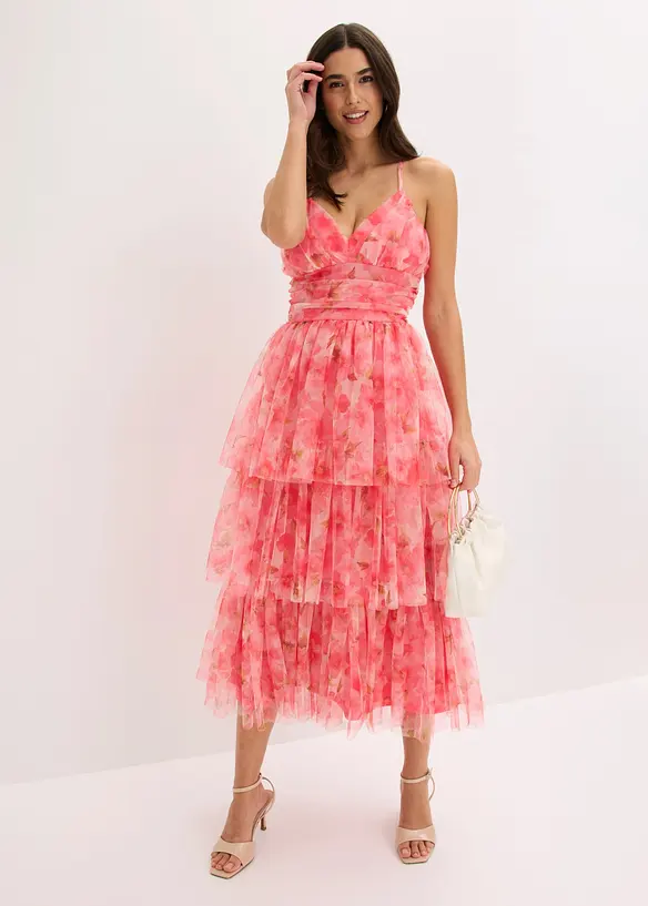 Abito midi in tulle fine con volant, bonprix