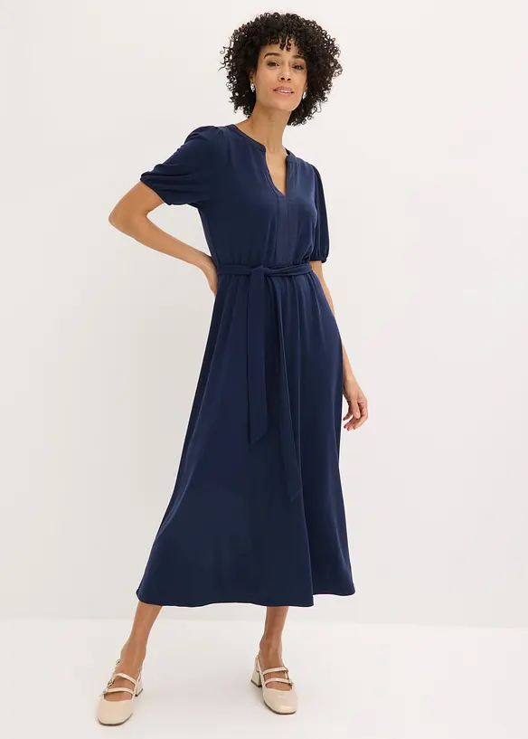 Abito midi in piquet di viscosa con inserto di satin, bonprix
