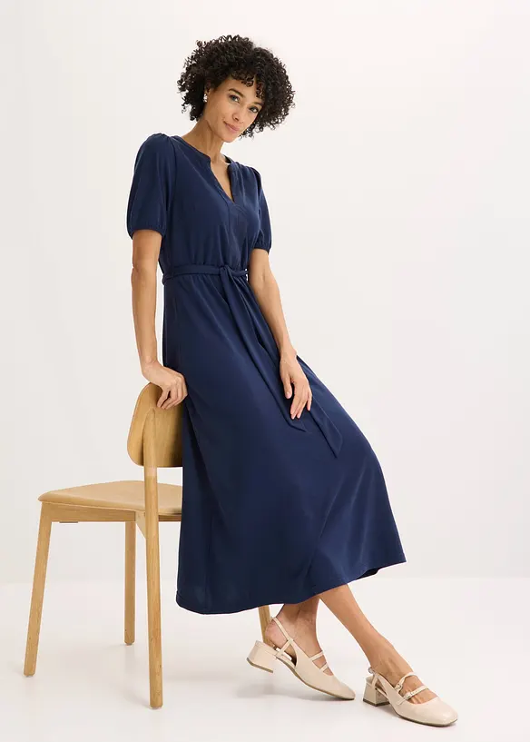 Abito midi in piquet di viscosa con inserto di satin, bonprix