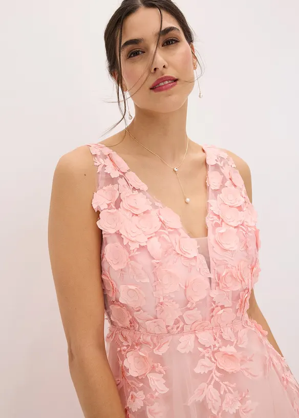 Abito lungo in tulle delicato con fiori applicati, bonprix