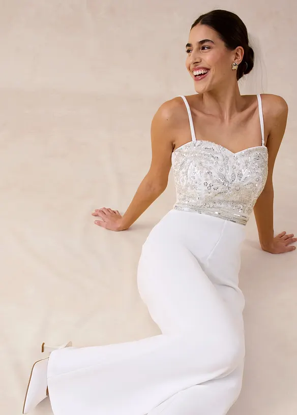 Tuta elegante in cr&ecirc;pe operato con ricamo con perline, bonprix