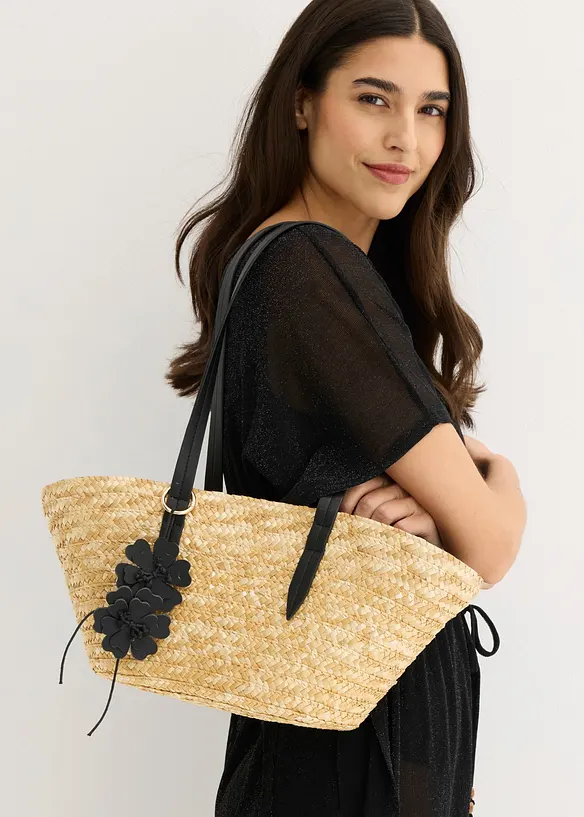 Borsa shopper effetto paglia con ciondolo a forma di fiori, bonprix