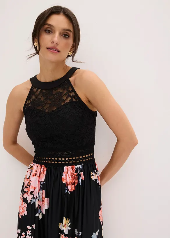 Abito lungo floreale con pizzo, bonprix