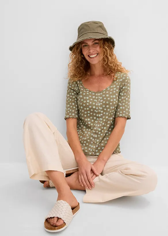 Maglia a costine a mezze maniche con stampa a fiori, bonprix