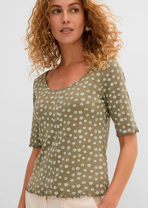 Maglia a costine a mezze maniche con stampa a fiori, bonprix