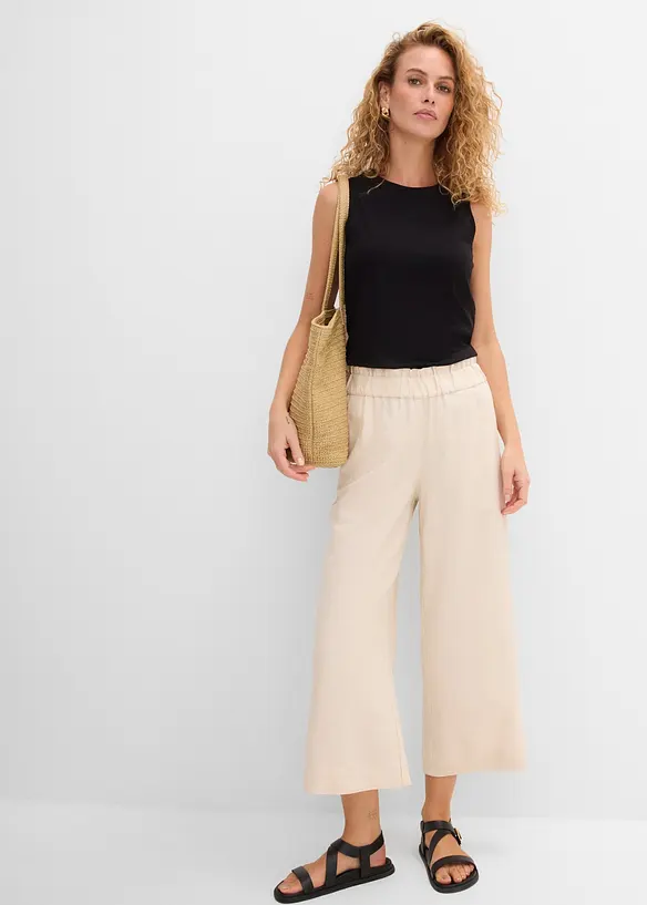 Pantaloni culotte cropped in misto lino leggero, bonprix