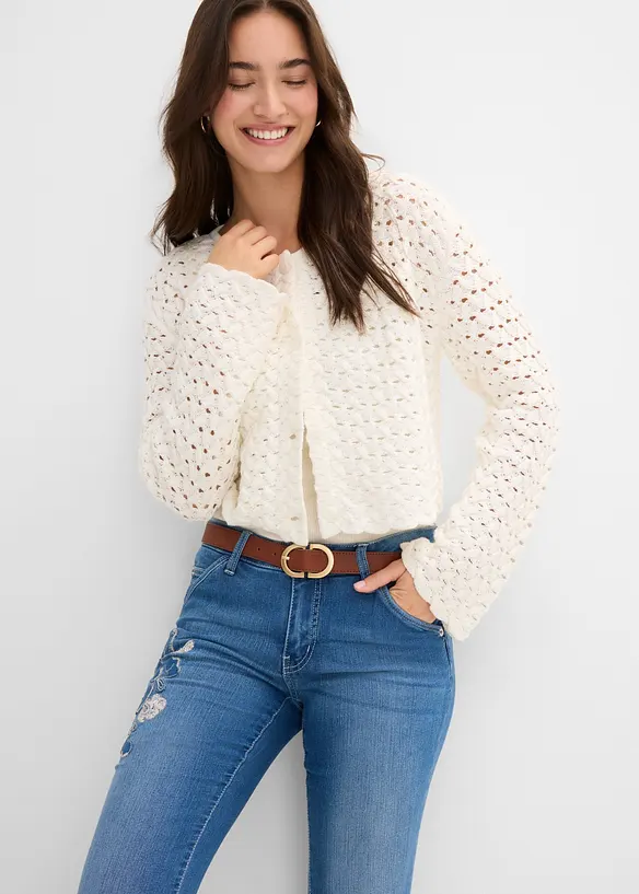 Jeans a zampa con ricami floreali, bonprix