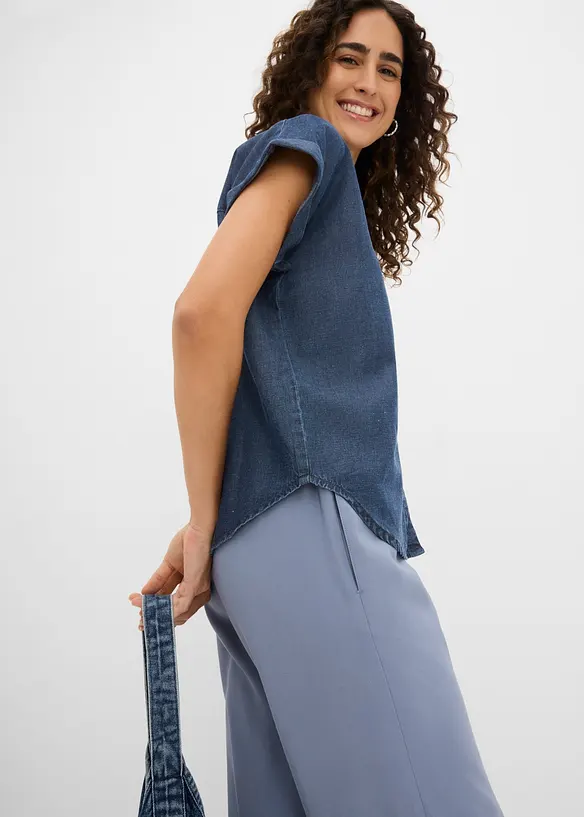 Camicetta di jeans a maniche corte con lino, bonprix