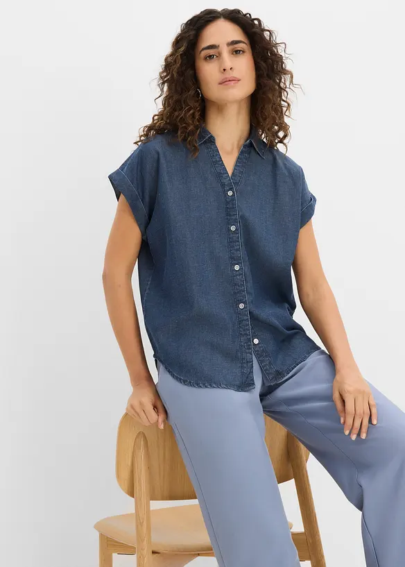 Camicetta di jeans a maniche corte con lino, bonprix