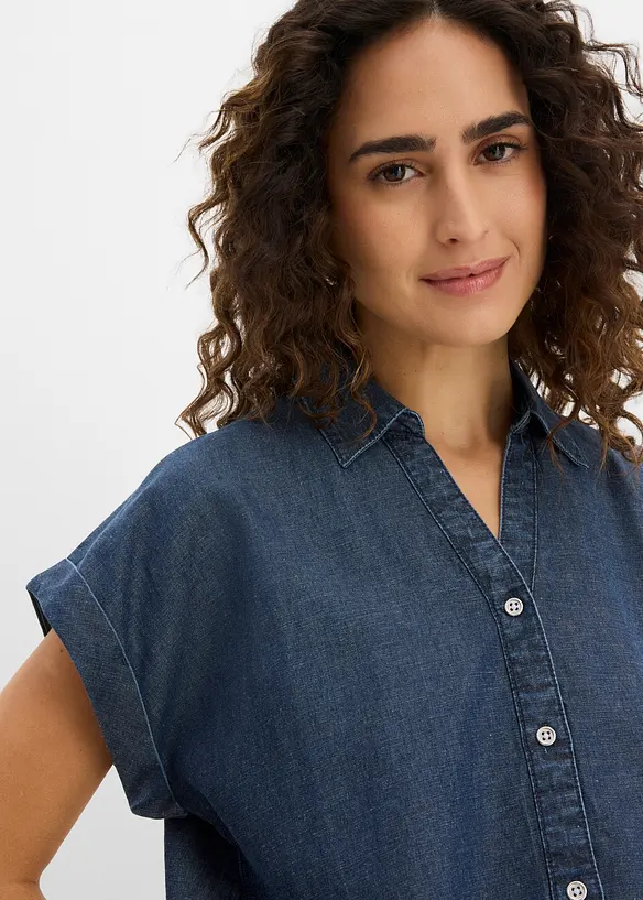 Camicetta di jeans a maniche corte con lino, bonprix