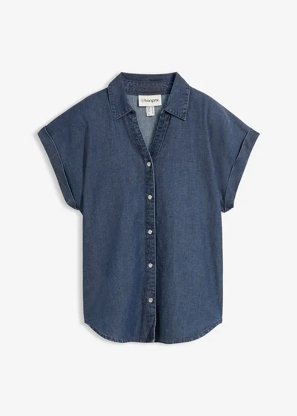 Camicetta di jeans a maniche corte con lino, bonprix