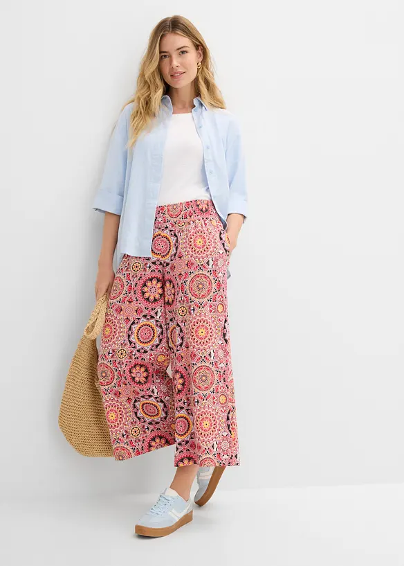 Pantaloni culotte larghi in jersey con vita alta a punto smock, lunghezza 7/8, bonprix