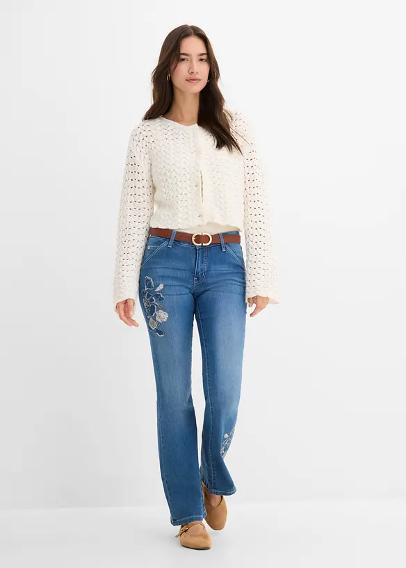 Jeans a zampa con ricami floreali, bonprix