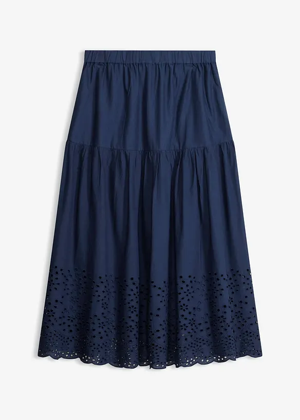 Gonna midi in puro cotone con ricami traforati, bonprix
