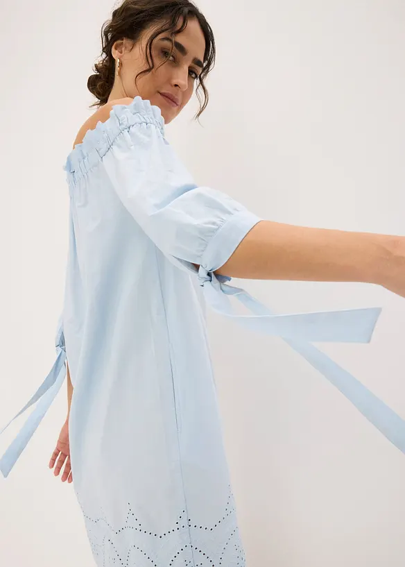 Abito a spalle scoperte in puro cotone con ricami traforati, bonprix