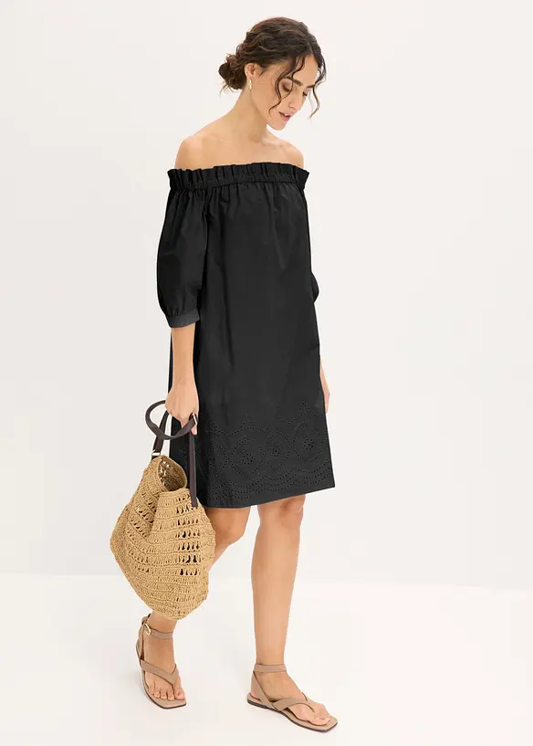 Abito a spalle scoperte in puro cotone con ricami traforati, bonprix