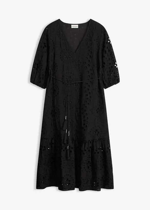 Abito midi in puro cotone con ricami traforati, bonprix