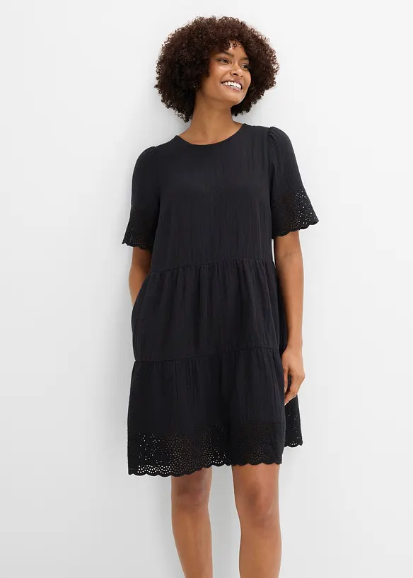 Abito in mussola con ricami traforati, bonprix